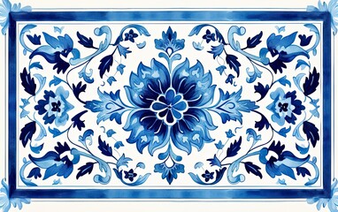 Blue and white floral pattern, reminiscent of traditional ceramic art. Design includes a variety of stylized flowers and leaves, creating a symmetrical and harmonious arrangement on white background.