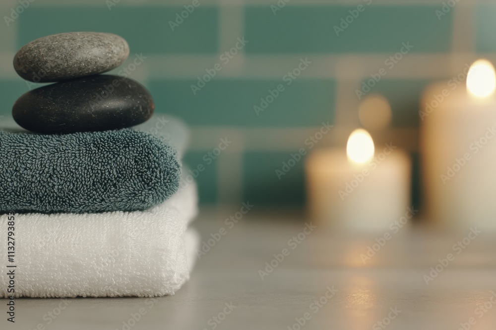 Poster Relaxing spa setting featuring stacked stones and soft towels with lit candles in the background