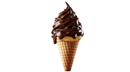 Chocolate Indulgence: Decadent soft serve ice cream cone drenched in rich chocolate sauce. A delectable treat for any sweet tooth.