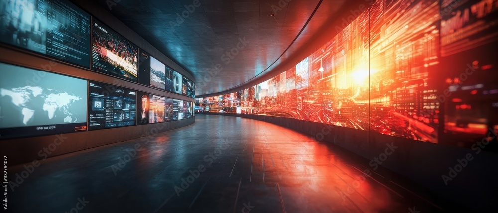 Poster a futuristic room with curved walls displaying vibrant digital screens and data visuals, creating a 