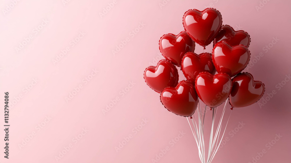 Poster a group of shiny red balloons in the shape of a heart on a soft pink background. the composition loo