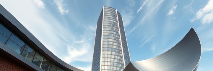 Fototapeta premium A striking image of a modern building with a curved facade and unique architectural details. Perfect for architecture and design inspiration.
