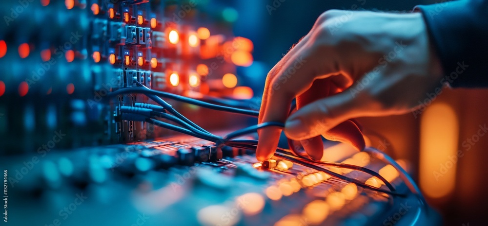 Poster A hand adjusting controls on a sound mixing console with glowing lights.
