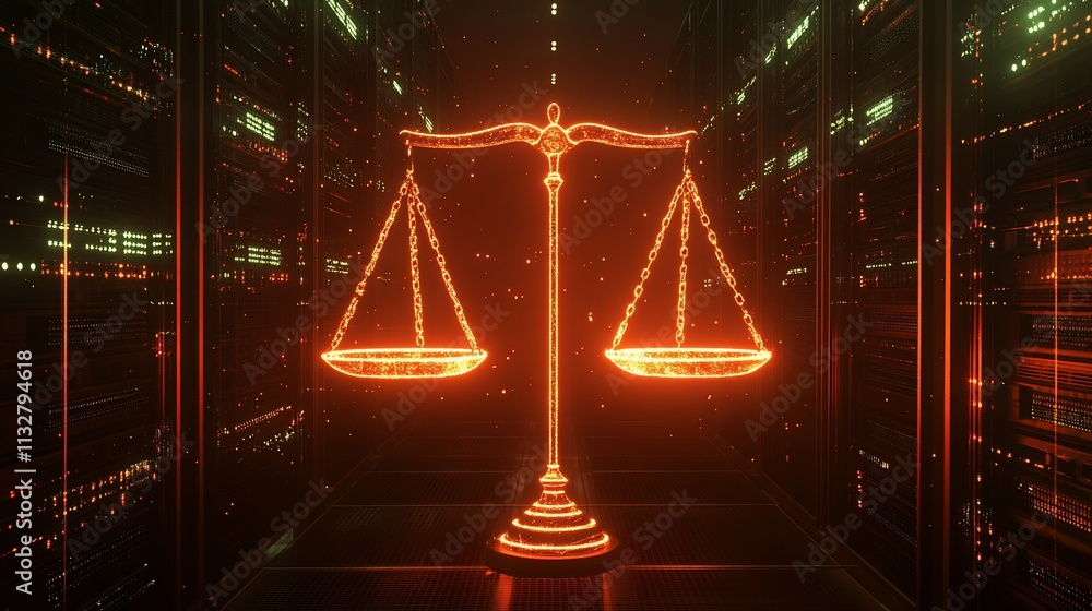 Poster a glowing scale symbolizing justice in a digital environment.