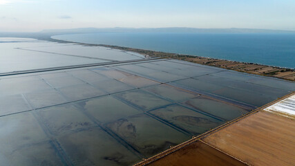 Aerial view of the Margherita di Savoia salt mines, in Puglia, Italy. They are the largest salt...