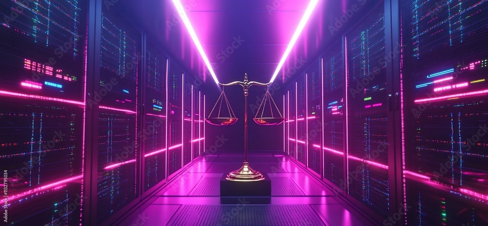 Poster a golden scale of justice in a high-tech server room with neon lighting.