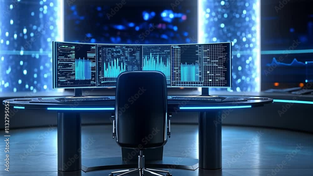 Poster advanced computer setup featuring multiple monitors and sleek design in a futuristic workspace