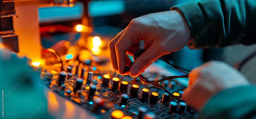Poster a hand adjusting knobs on a sound mixing console with warm lighting.