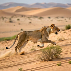 Fototapeta premium running lioness speed effect desert background