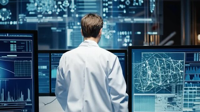 The Code Breaker: A lone scientist stands before a wall of monitors displaying complex data, hinting at groundbreaking discoveries and the future of technology. The image evokes a sense of curiosity.