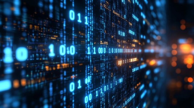 Abstract digital binary code pattern with blue and orange glow
