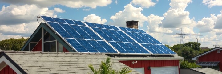 A close-up image of solar panels installed on a tiled roof, showcasing clean energy technology.