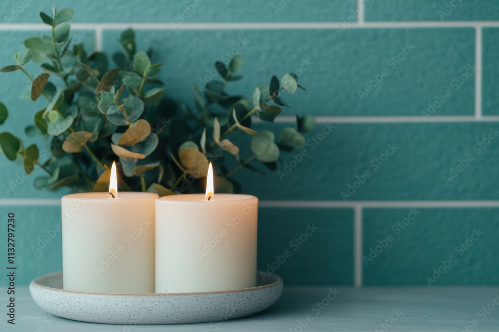 Poster two burning candles and eucalyptus branches creating a relaxing ambiance in a spa bathroom