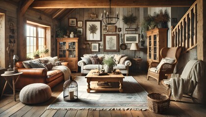 Fototapeta premium Cozy Rustic Living Room with Wooden Furniture and Warm Decor