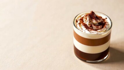 Tiramisu in a glass, top view. Coffee Mousse Dessert, sprinkled with cocoa, standing on the right. Illustration in minimalist style with empty copy space