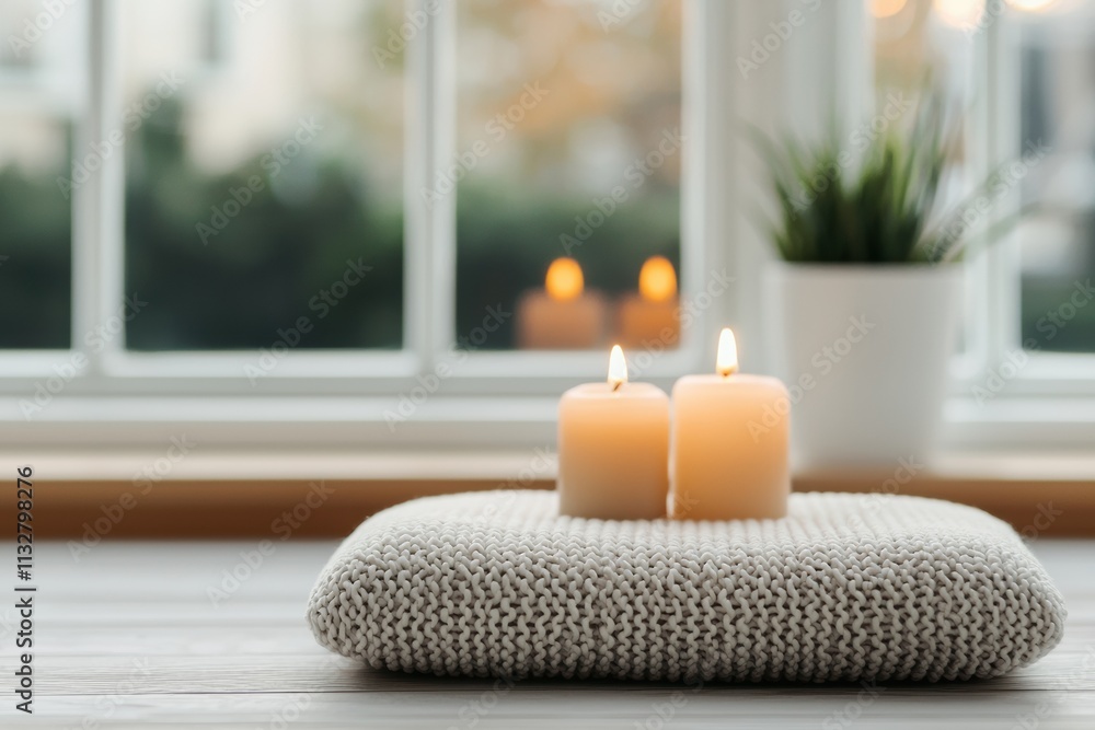 Poster Burning candles resting on knitted cushion by window creating relaxing ambiance