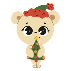Cute vector bear wearing a Christmas hat with a cute Christmas tree in his paws. Flat vector illustration isolated on white background.