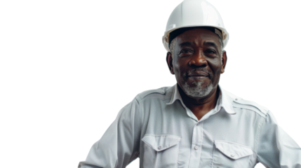 African middle age male engineer with safety helmet on white background	