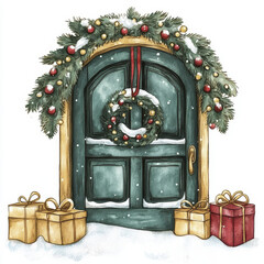 festive green door adorned with wreath, surrounded by gifts and snow