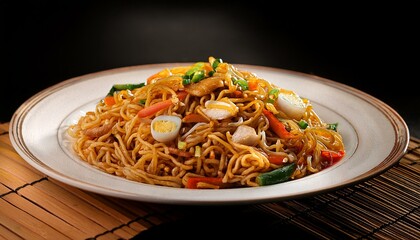 A plate of fried noodle with vegetables; delicious plate of fried chow mein or noodle on a dark background; food photography