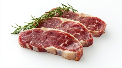 Obraz premium Three Raw Beef Steaks Garnished with Rosemary Sprig