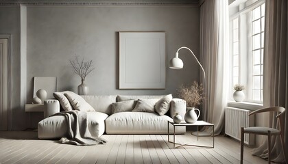 Obraz premium Bright Minimalist Living Room with White Sofa, Large Window, and Indoor Plant