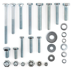 Set of Metal Bolts, Nuts, and Washers Organised for DIY and Industrial Projects