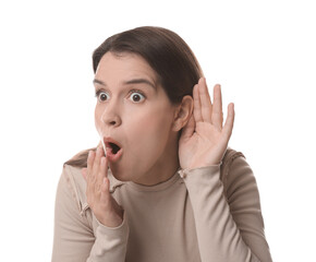 Woman showing hand to ear gesture on white background