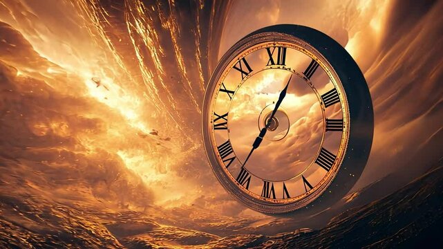 Time Flies: A surreal and captivating image of a clock suspended in a fiery sky, evoking a sense of time's fleeting nature and the passage of moments. 