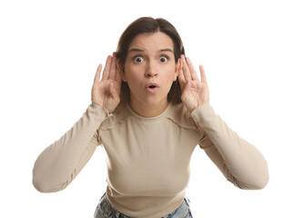 Woman showing hand to ear gesture on white background