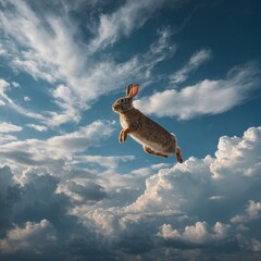 A rabbit hopping among clouds in a surreal sky.