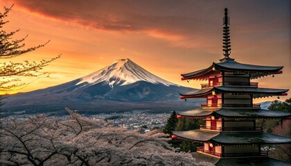Fototapeta premium Chureito Pagoda, Cherry Blossoms & Mount Fuji at Sunset V5