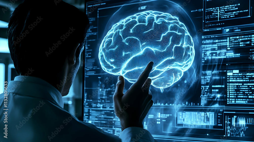 Poster scientist examining a 3d brain scan on a large monitor.