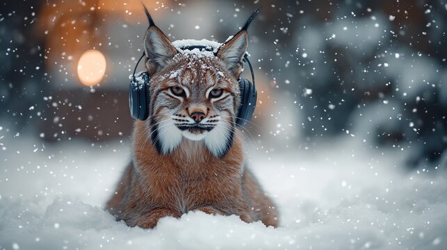 Lynx's Winter Symphony: A Feline Enthusiast Listens to Music Amidst Snowflakes