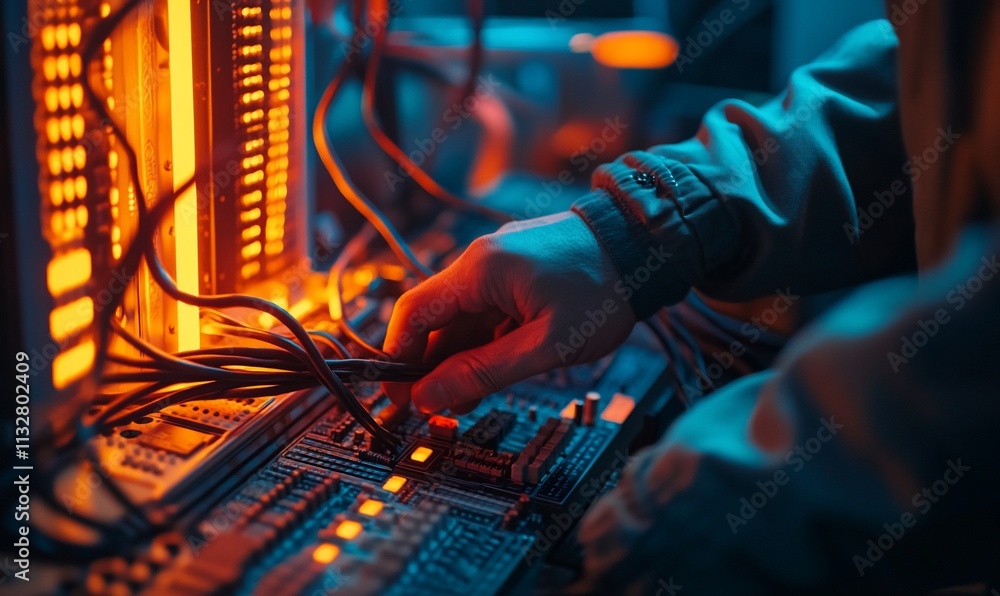 Poster a technician adjusts cables on a circuit board in a dimly lit environment.