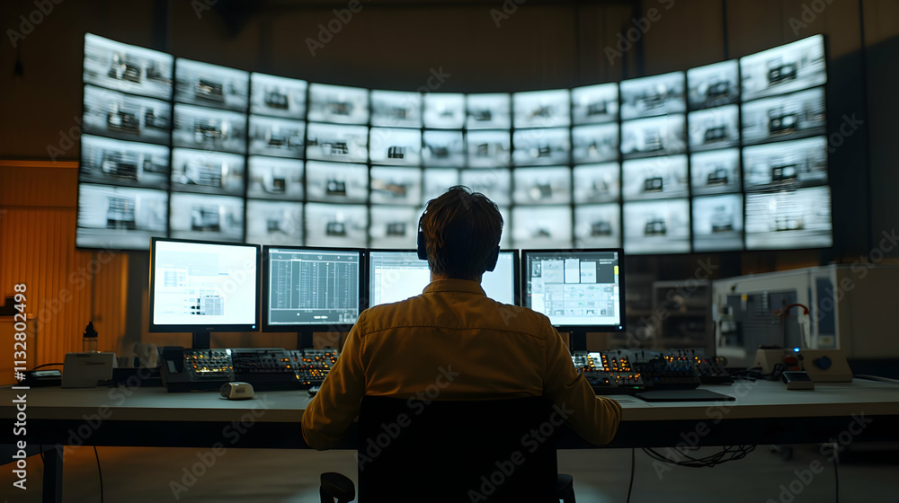 Poster security operator monitoring multiple screens in a control room.