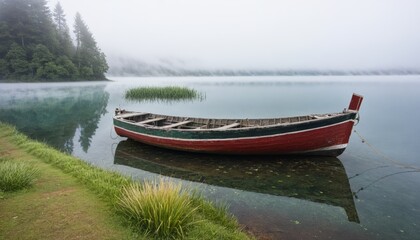 Old Wooden Fishing Boat Docked by Lake, Surrounded by Fog and Still Water