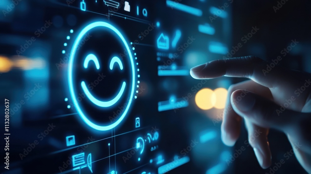 Poster digital interaction with smiley face icon on futuristic screen