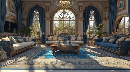 Obraz premium Luxurious living room with ornate furniture, blue velvet sofas, and large windows.