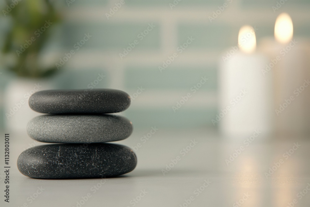 Poster Stack of smooth pebbles creating relaxing spa ambiance with candles