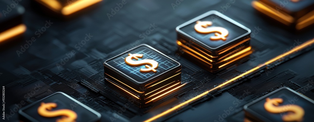 Poster a close-up view of stacked digital dollar signs on a sleek, high-tech interface, symbolizing finance
