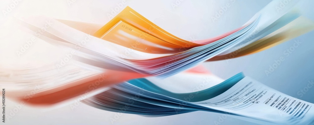 Poster abstract representation of colorful documents or receipts swirling, showcasing movement and a blend 