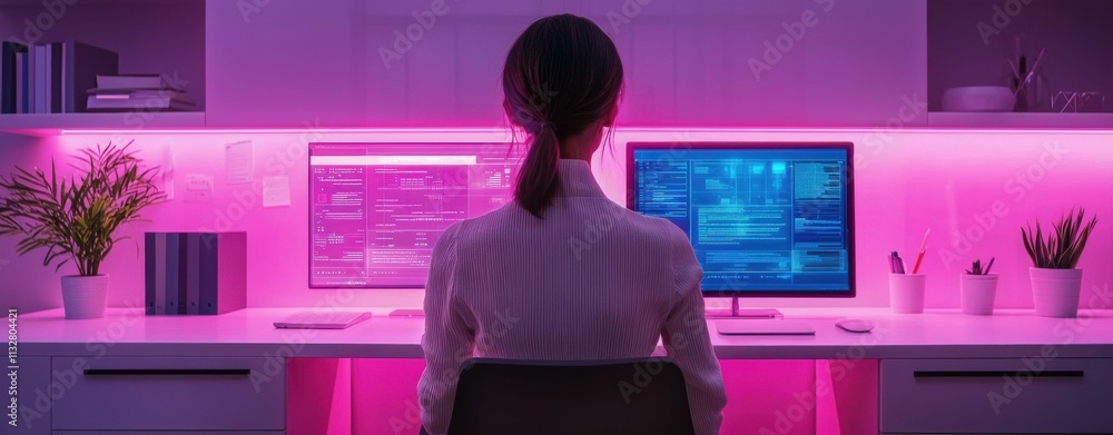 Aufkleber a woman sits at a desk with dual monitors, surrounded by plants and illuminated by soft pink light, 