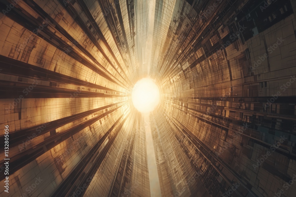Poster a captivating view of light radiating from a tunnel, showcasing dramatic lines and textures that cre