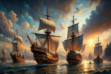 Obraz premium ai generative fantasy illustration of pirate ship in the ocean, in the background colorful galactic sky