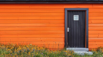Orange Wooden Building With Black Door And Flowers