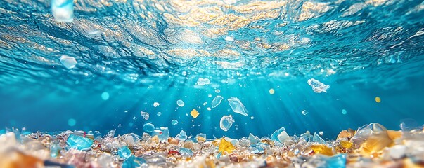 A closeup of microplastics suspended in clear water, symbolizing the environmental damage caused by plastic pollution in oceans, lakes, and drinking water systems