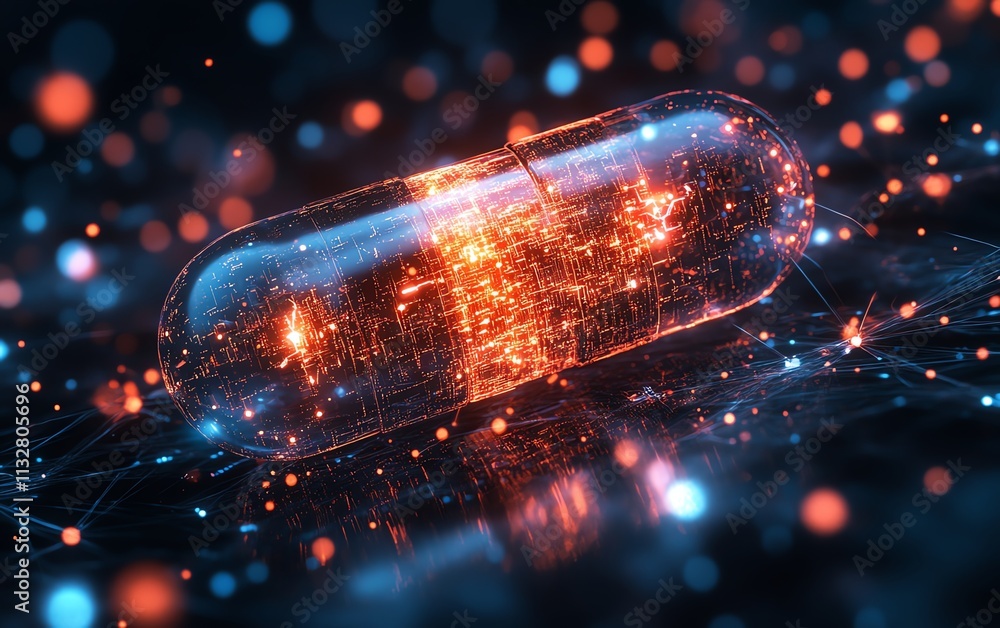 Poster a glowing digital pill embedded in a dynamic network, symbolizing ais role in revolutionizing precis