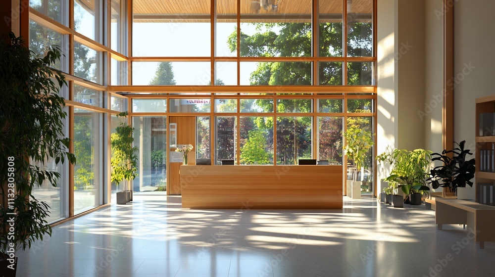 Poster bright and modern reception area with large windows and greenery.