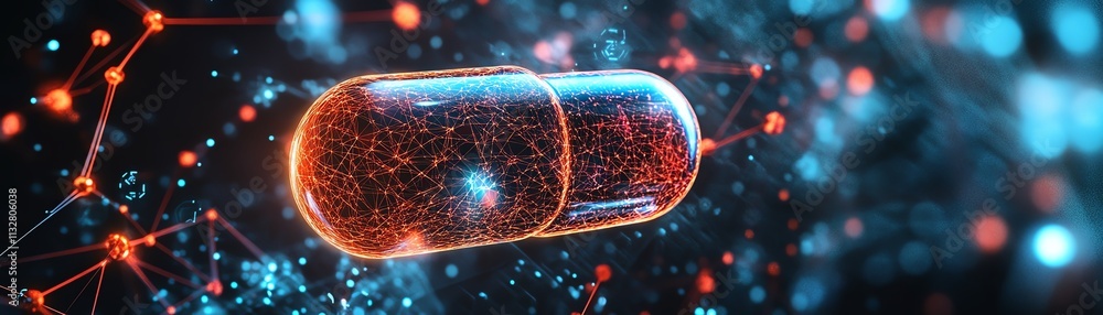 Poster a glowing pill surrounded by a digital network, representing the intersection of ai and precision me